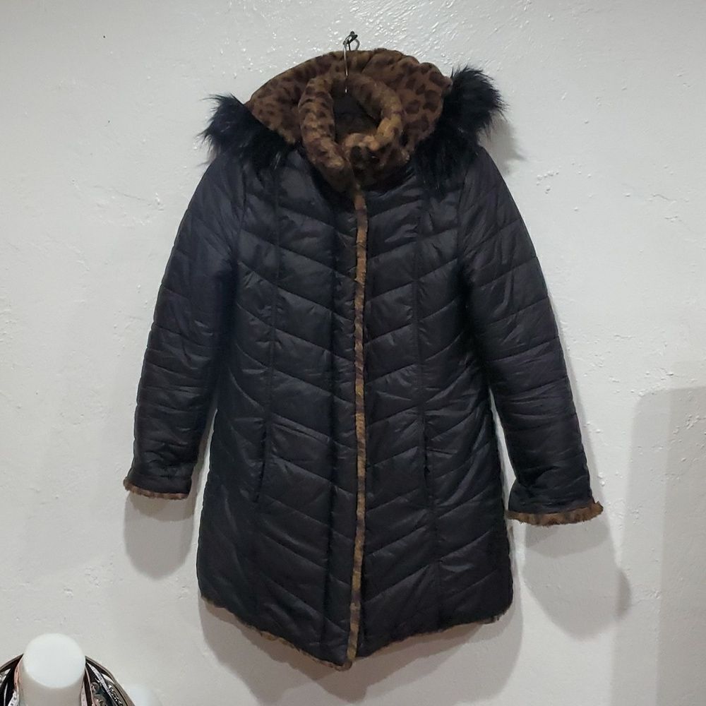Reversible Dennis Basso Coat - Black Puffer & Faux Fur Leapord Print Size XXS - Picture 4 of 16